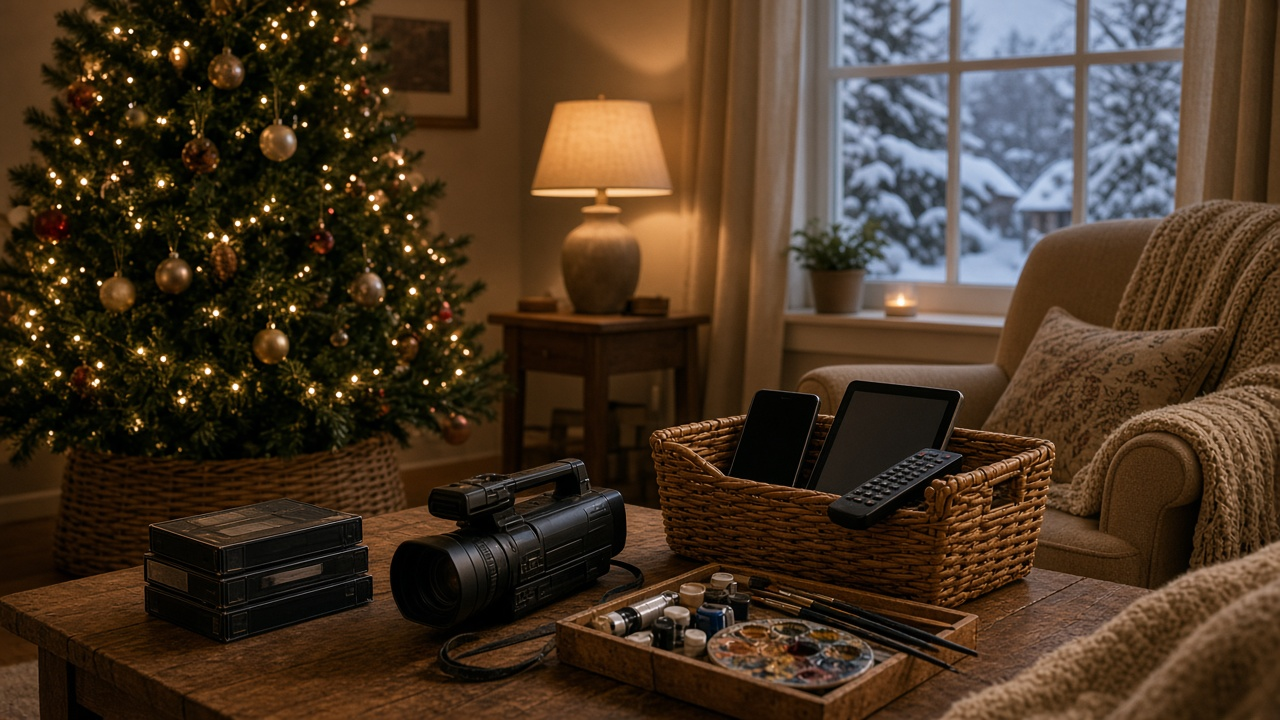 Cozy Christmas living room with a basket of set-aside phones and a stack of old home-video tapes on the coffee table, no people