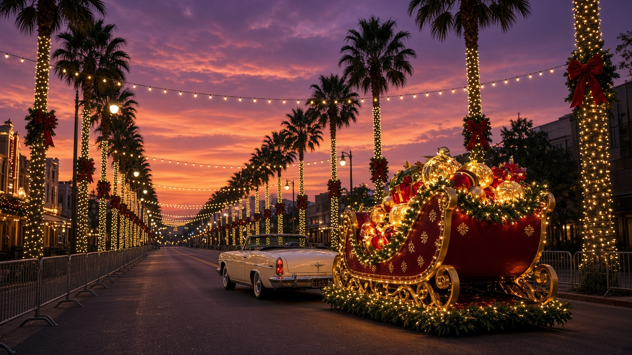 An empty palm-lined boulevard at dusk wrapped in holiday lights, with a glowing sleigh float and a vintage convertible parked in the street