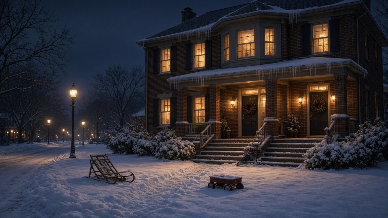 A two-story brick house on a snowy Christmas Eve night with warm light in every window, wreaths on the doors, a sled and toy wagon on the lawn and a rake left on the front steps