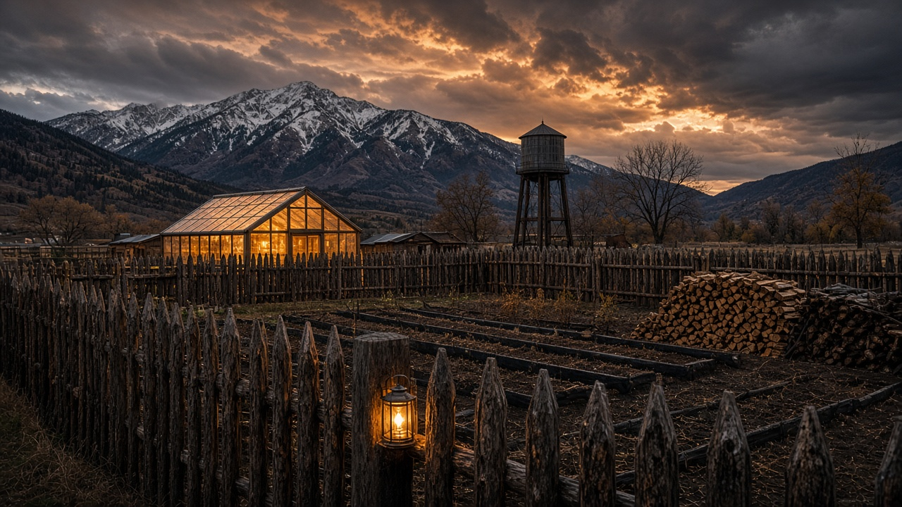 Fortified mountain prepper compound at dusk with a log stockade fence, glowing greenhouse, water tower, garden beds and stacked firewood