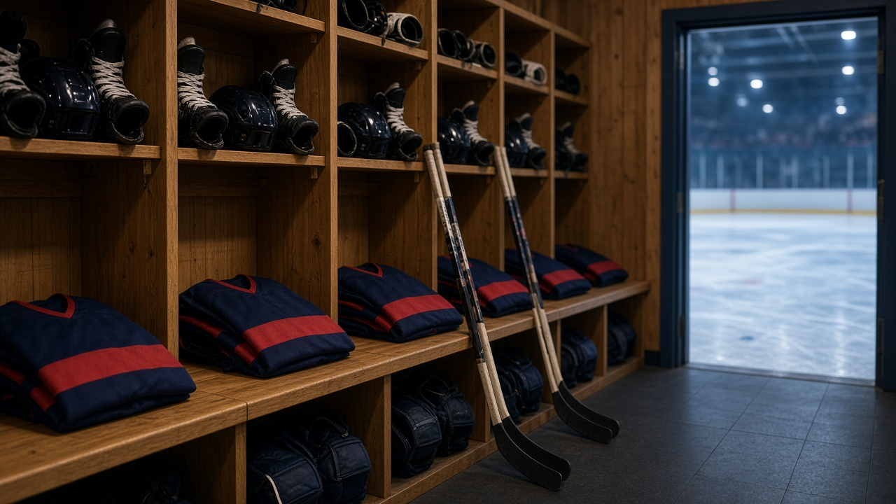 Empty junior hockey locker room with folded navy and red jerseys, skates, helmets and sticks, and an open doorway to a lit ice rink