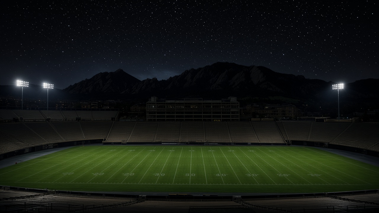 Empty college football stadium at night with mountain silhouettes behind it, no people