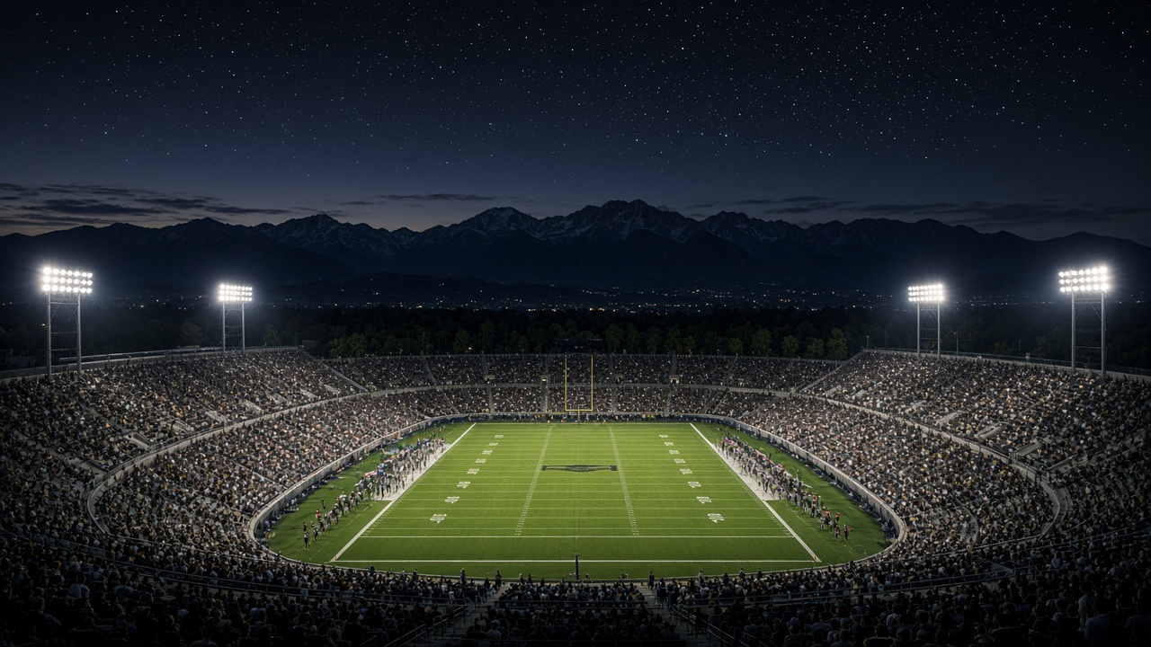 Empty college football stadium at dusk below rugged mountains glowing pink, stadium lights on and a football on the turf, no people or logos