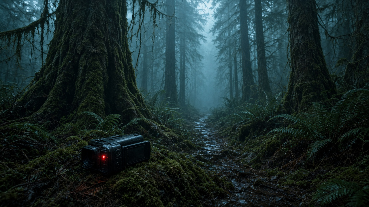 A foggy moss-covered rainforest trail at dusk with an old camcorder lying abandoned on the moss, its red light glowing