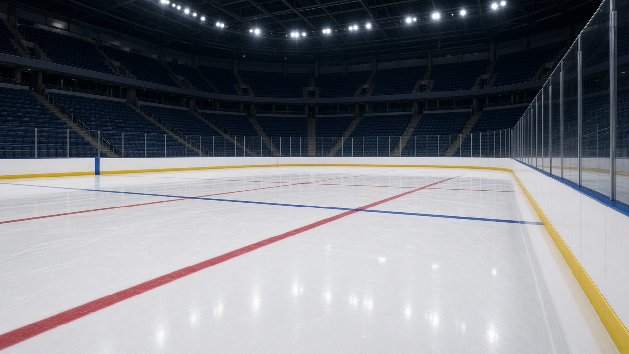 Empty professional hockey rink with glossy freshly resurfaced ice, red and blue lines, glass boards and rows of empty dark blue seats under bright arena lights