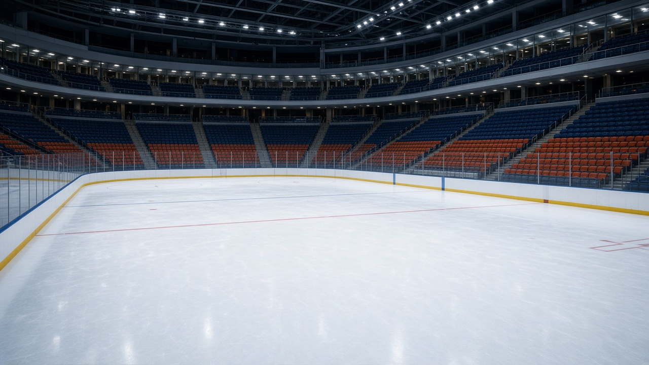 Empty modern hockey arena with fresh white ice and rows of empty seats, no people