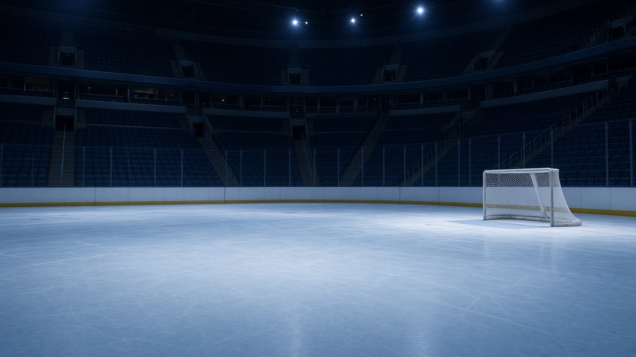 Empty NHL arena ice and net under cool blue arena lights with empty seats, no people, no logos, no text