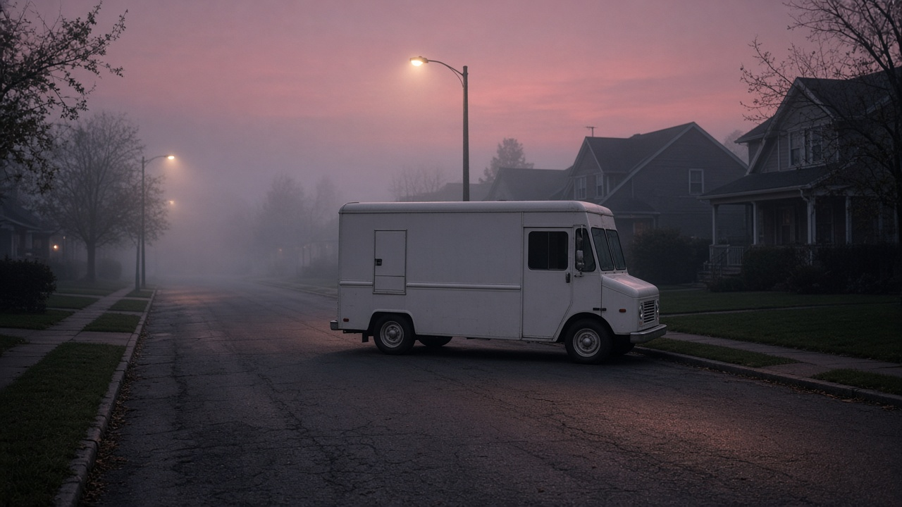 Vintage ice cream truck parked on an empty suburban street at dusk under flickering streetlights
