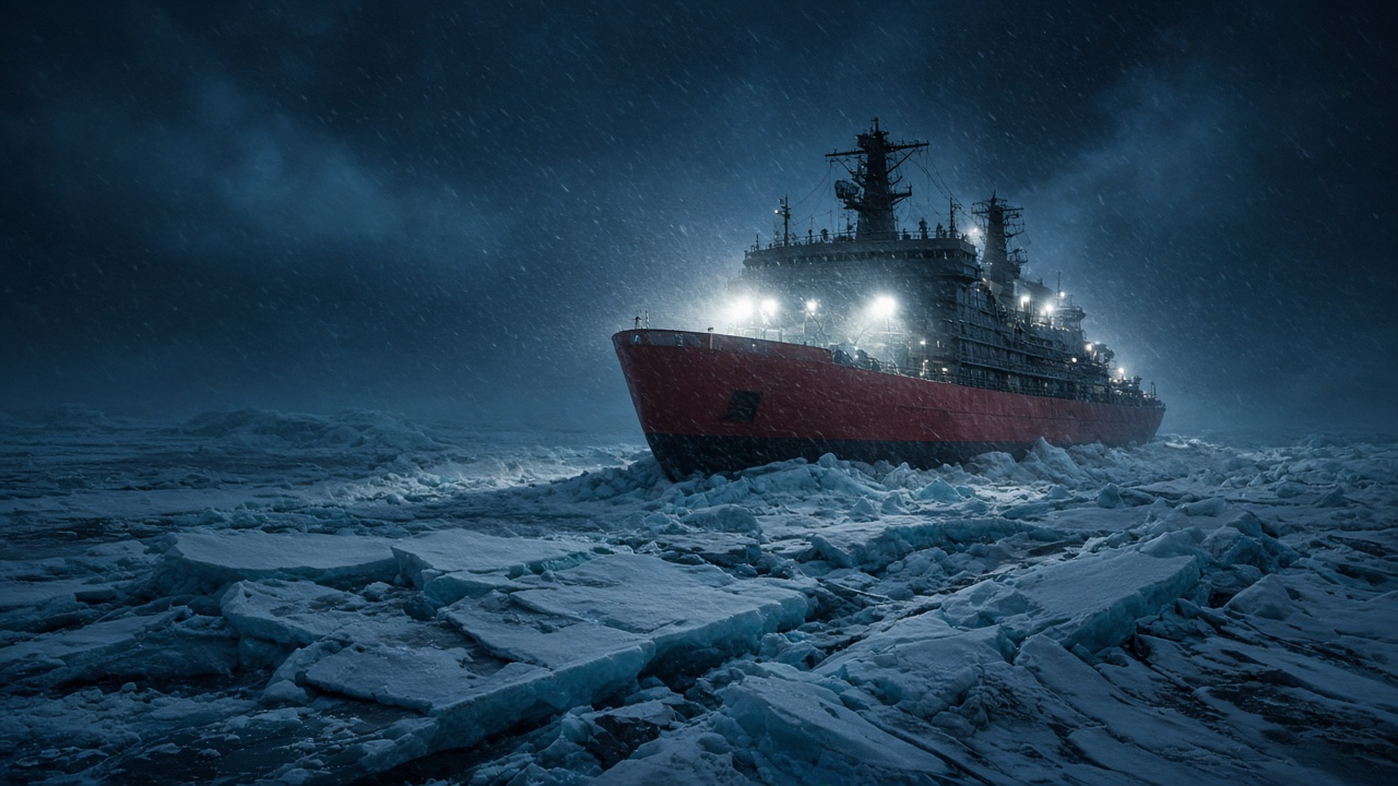 Red-hulled icebreaker ship stranded in thick sea ice during a snowstorm at night, deck floodlights glowing through the blowing snow