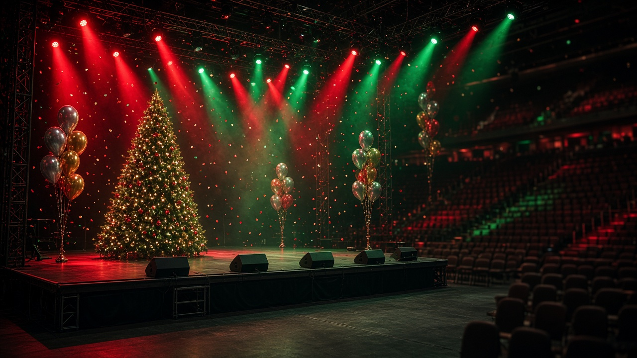 An empty arena stage lit with red and green spotlights, a glowing Christmas tree, balloons and falling confetti before a holiday concert