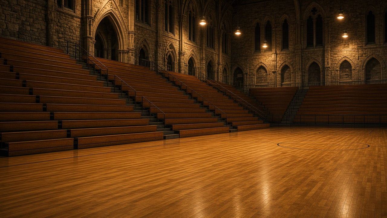 Empty historic college basketball gym with steep bleachers and a glossy court, no people