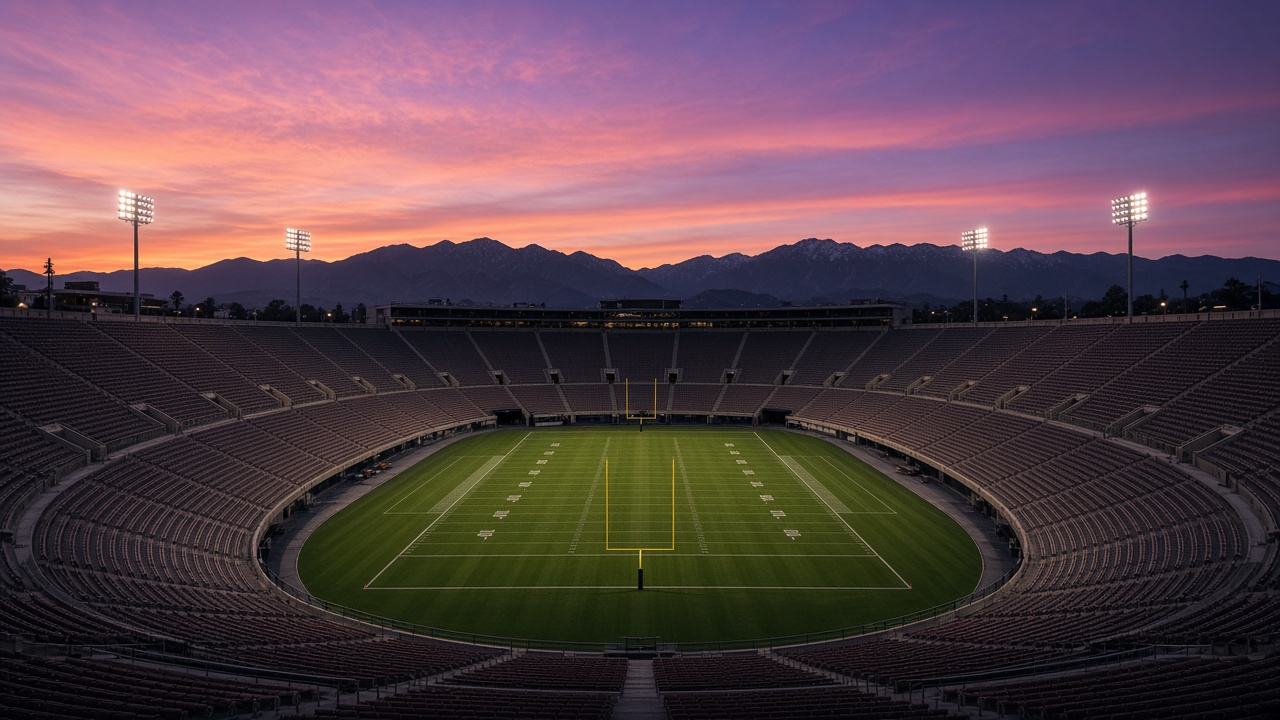 Empty bowl stadium with a green field at dusk and mountains in the background, no people