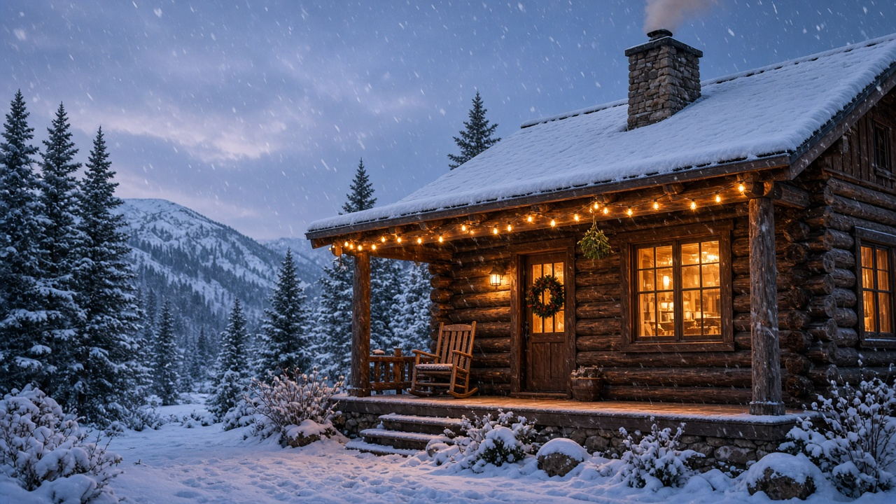 Snowy log cabin at dusk with Christmas string lights, a wreath on the door and mistletoe over the porch