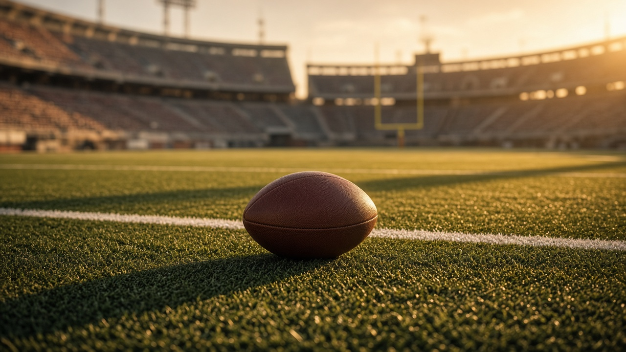 Empty open-air football stadium on a cool autumn afternoon, rows of empty maroon and charcoal seats and a football resting on green turf near midfield, no people or logos
