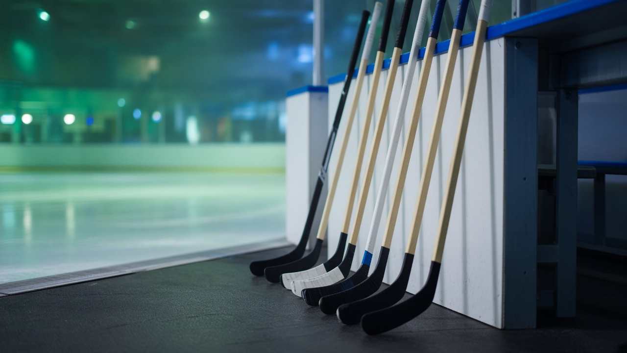 Row of hockey sticks leaning against the boards beside an empty players' bench next to the ice, with green and blue arena lights blurred behind