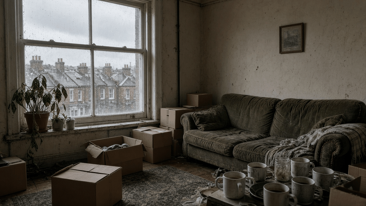 Cluttered London flat on a rainy day with moving boxes, a worn green sofa, empty mugs and a drooping houseplant by the window, no people, no text, no logos