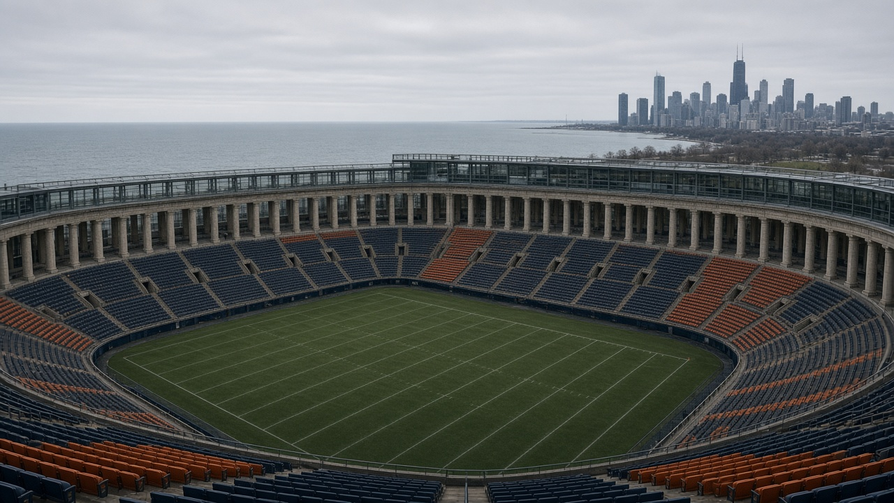 An empty lakefront football stadium with stone columns, navy and orange seats, a lake and a city skyline beyond under a gray sky
