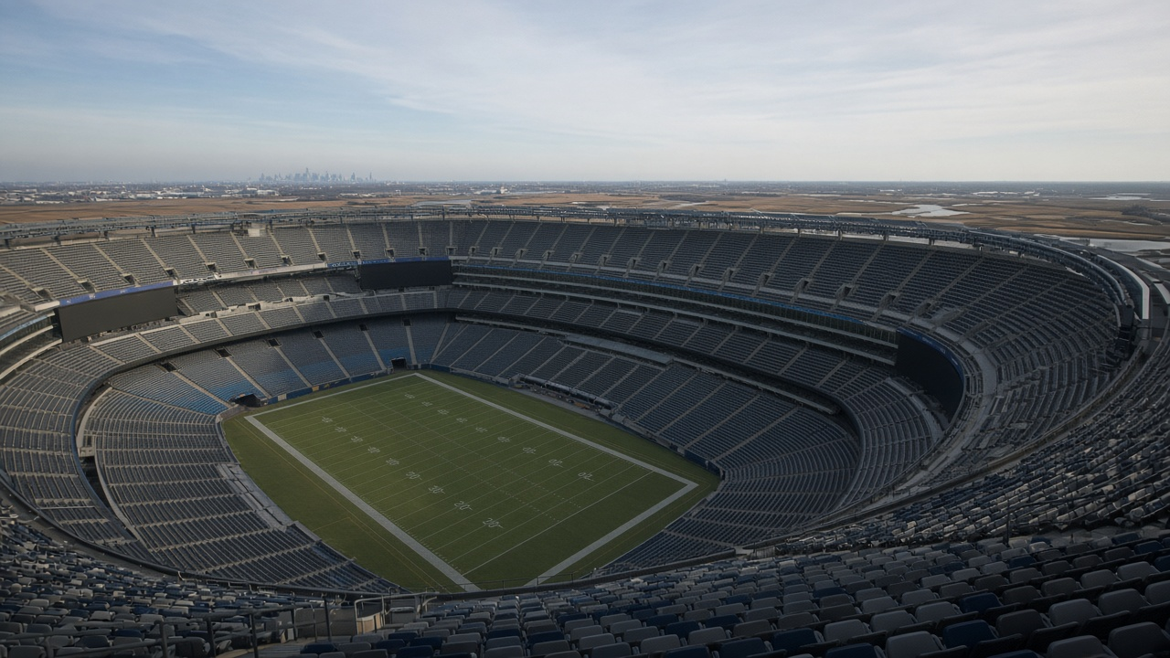 Empty modern open-air football stadium under a pale late-autumn sky with marshland and a distant skyline beyond, no people