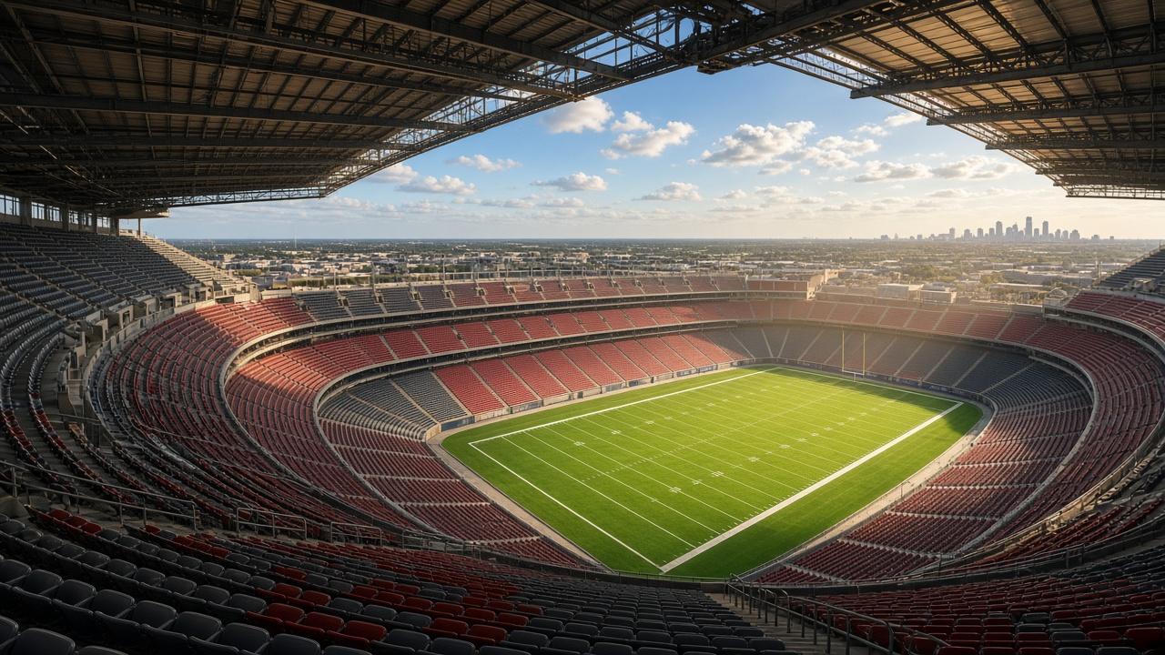 Large football stadium with a retractable roof surrounded by parking lots under a mild Texas winter sky, no people