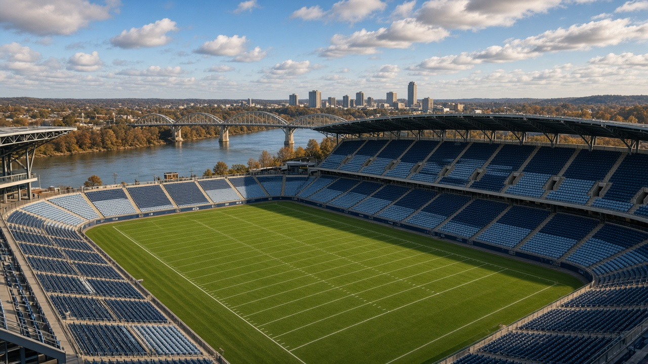 An empty riverside football stadium with navy and light-blue seats under a partly cloudy sky, with a bridge and city skyline beyond