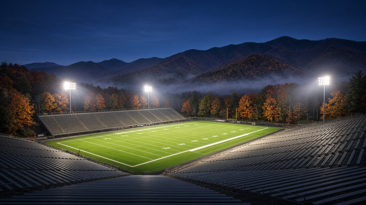 Empty mountain college football stadium at night with lights on, green turf, autumn trees and Blue Ridge ridgelines under a navy sky