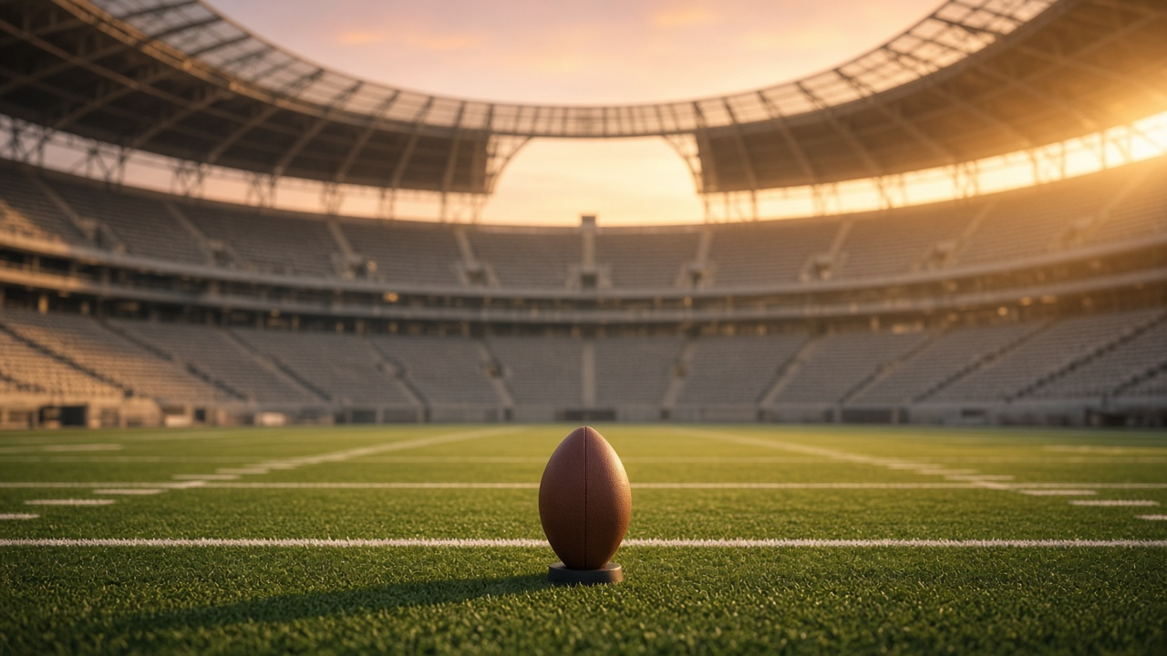 A football on a kicking tee at midfield in an empty stadium with golden-hour light pouring through an open roof