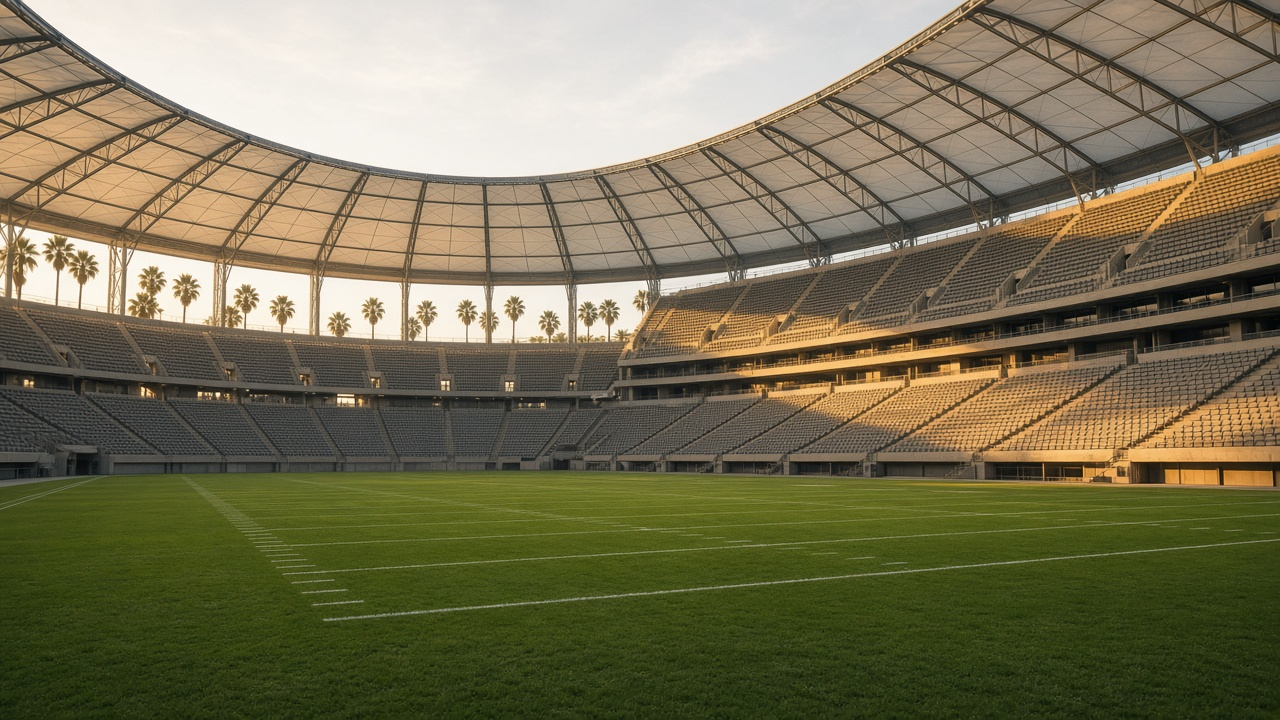 An empty canopy-covered football stadium in golden late-afternoon light with palm trees visible through the open sides