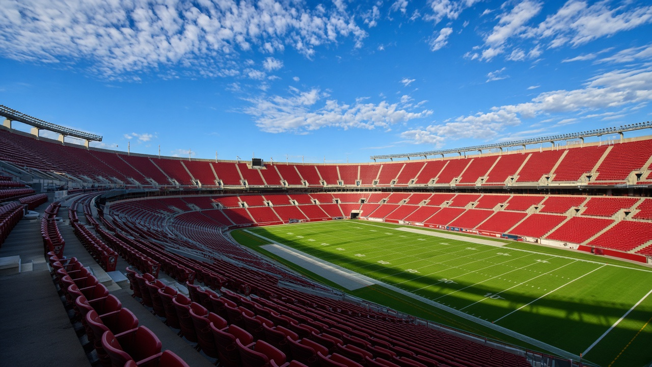 Empty open-air football stadium under a blue autumn sky with a bowl of empty red seats, no people