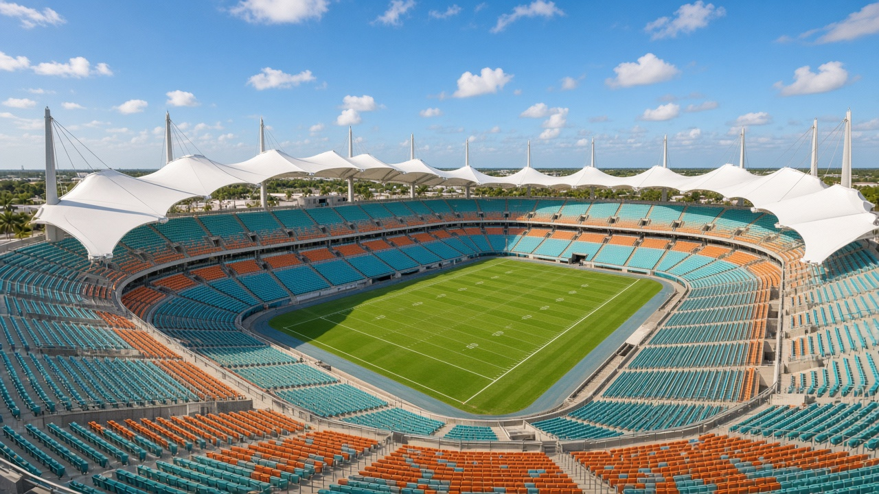 Empty football stadium with a white canopy roof and palm trees under a bright subtropical sky, no people