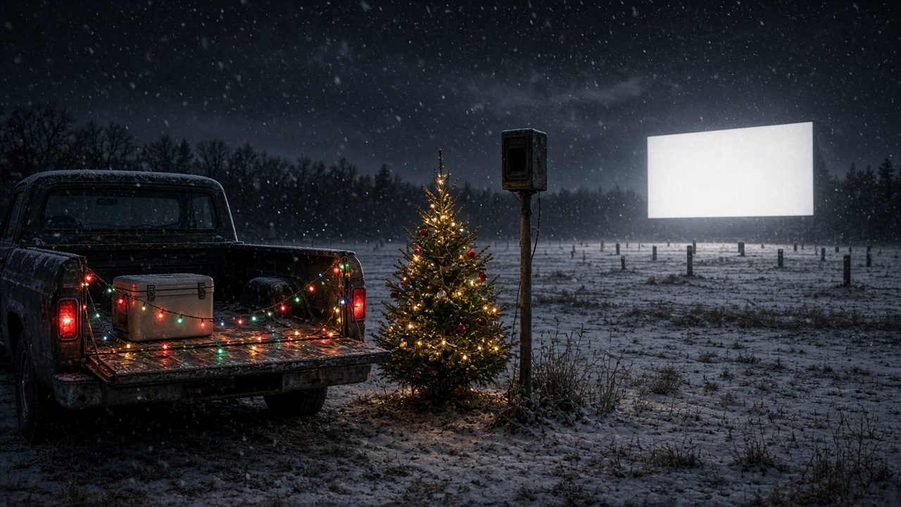 Pickup truck tailgate with Christmas lights and a small lit tree at a snowy drive-in theater with a glowing blank screen