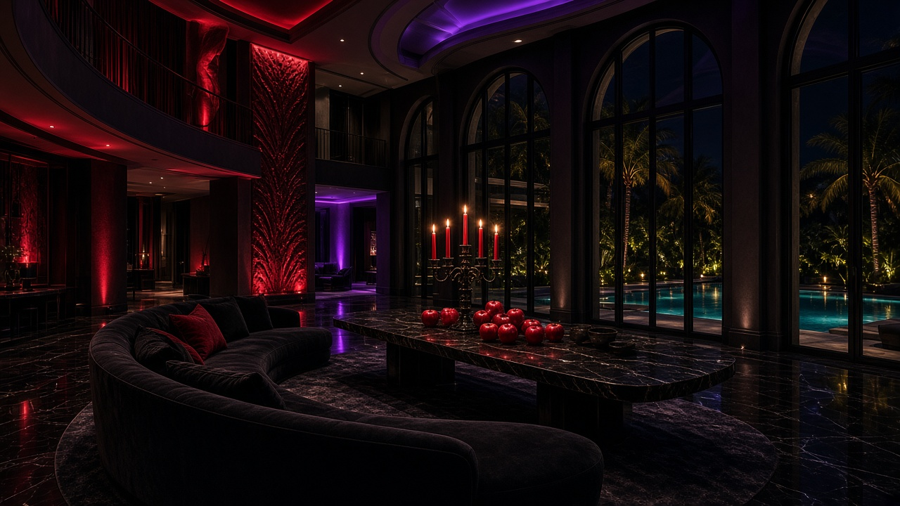 Empty mansion great room at night with a curved black velvet sofa, a dark marble table with red apples and a lit candelabra, and arched windows looking out on a glowing pool and palms