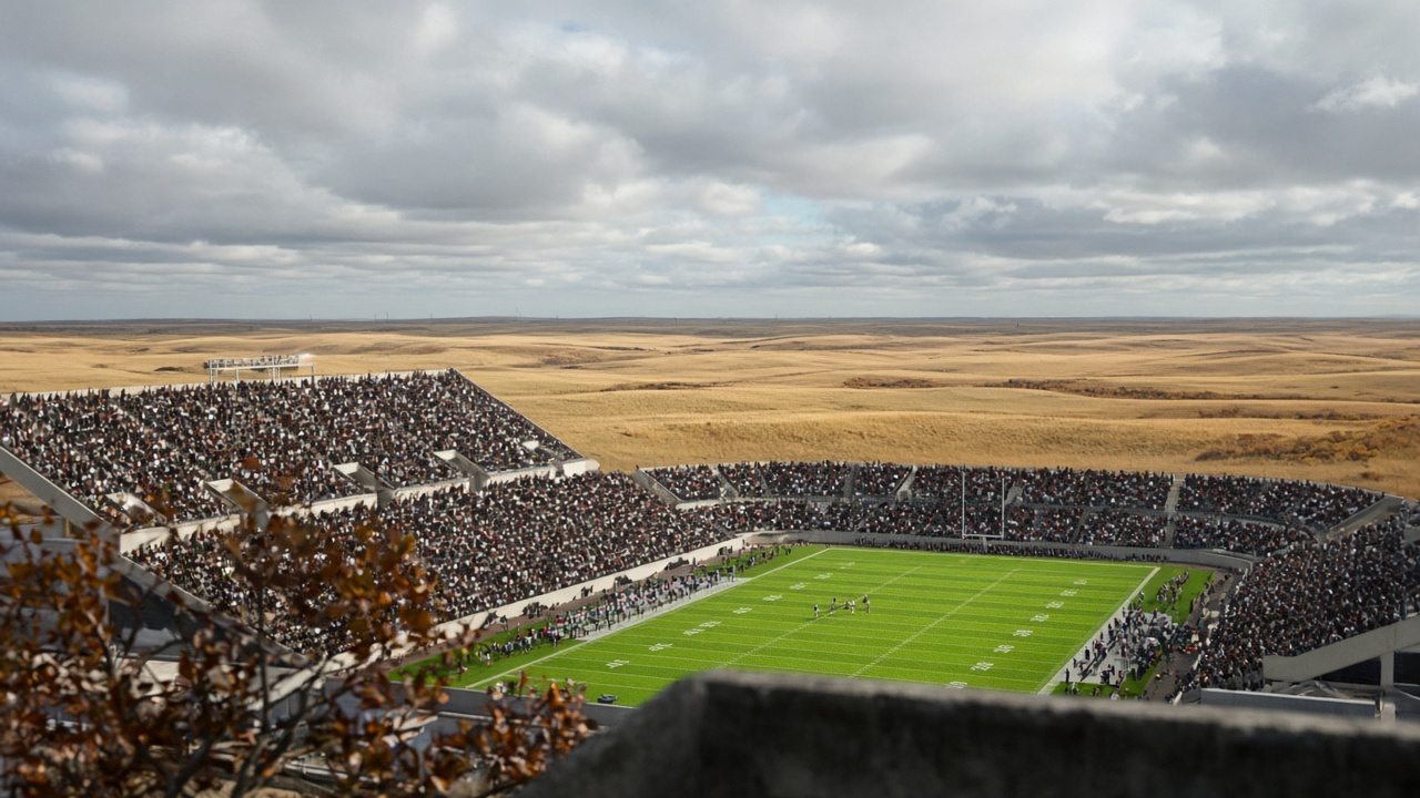 Empty college football stadium on a bright autumn morning with rolling Flint Hills prairie of golden grass beyond the stands, clear blue sky, no people or logos