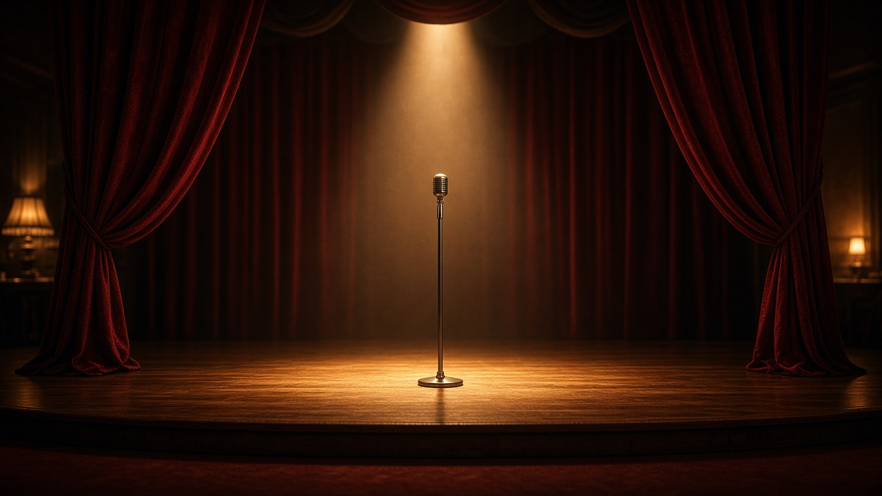 Empty historic nightclub stage at night with a single microphone stand in a spotlight, polished wood floor, velvet curtains and warm amber lighting, photoreal, no people, text or logos