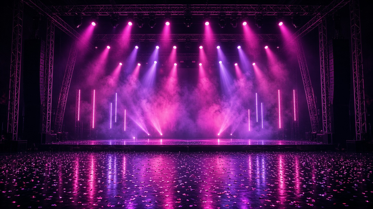 Empty dance rehearsal studio at dusk with a mirrored wall, folding chairs draped with hoodies and violet light across a wood floor, photoreal, no people, text or logos