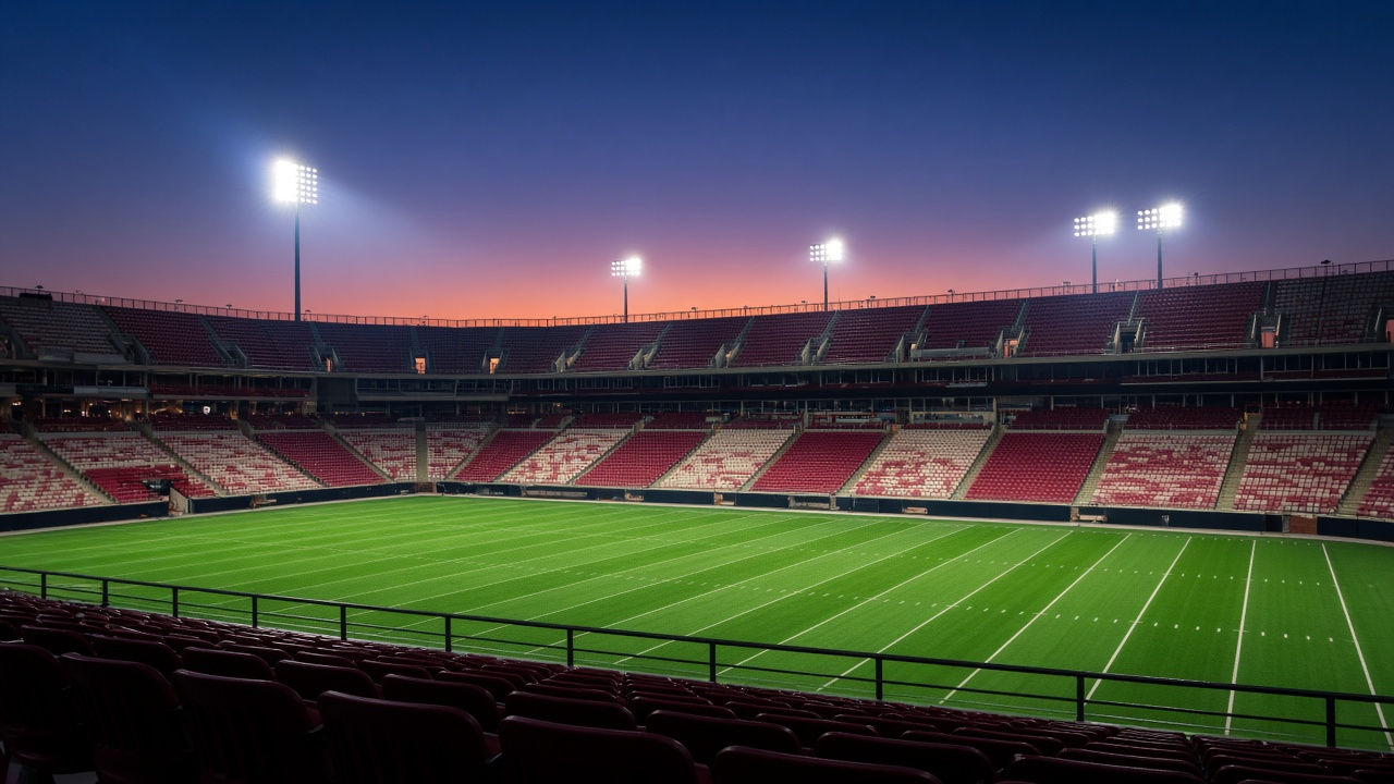 An empty college football stadium under bright evening lights, with crimson and cream seats around a green field and a deep blue dusk sky overhead