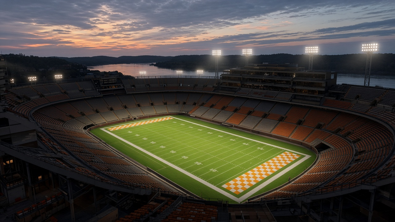 Empty riverside college football stadium at dusk with checkerboard end zones and empty seats, no people
