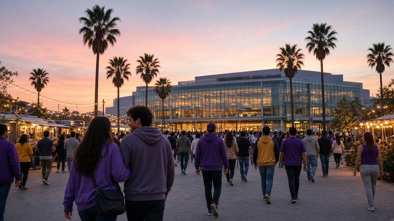 Downtown Los Angeles arena plaza at dusk with palm trees and basketball fans heading inside before a preseason game