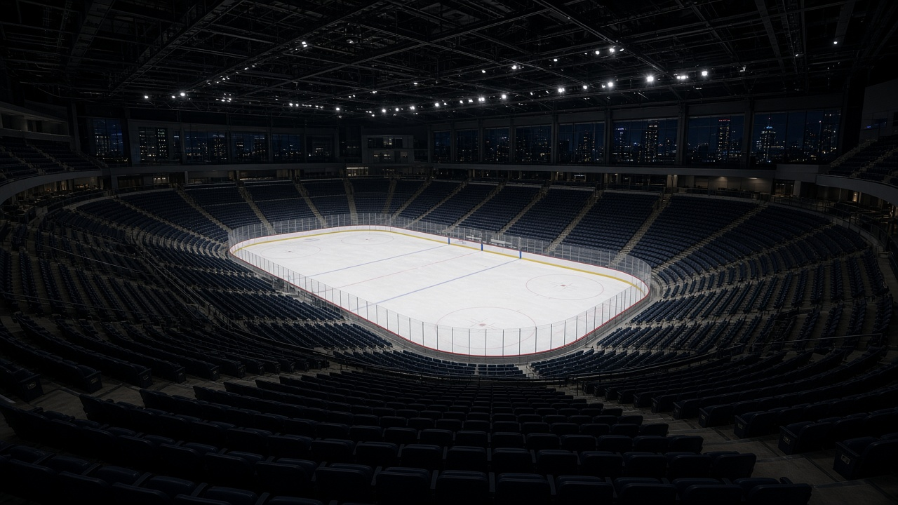 Empty hockey rink seen from the upper seats of a big-city arena at night, glossy ice and empty blue seats, no people