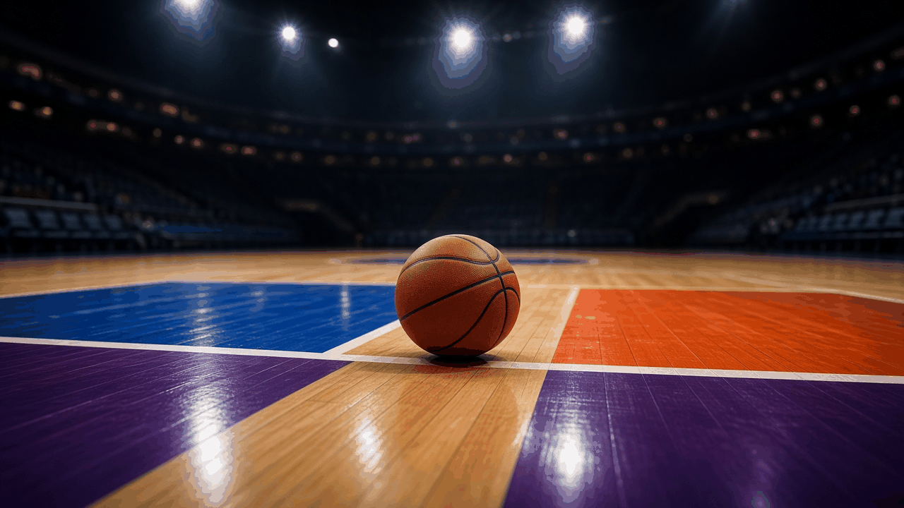 A basketball on a colorful hardwood court in an empty arena, with no people, text or logos