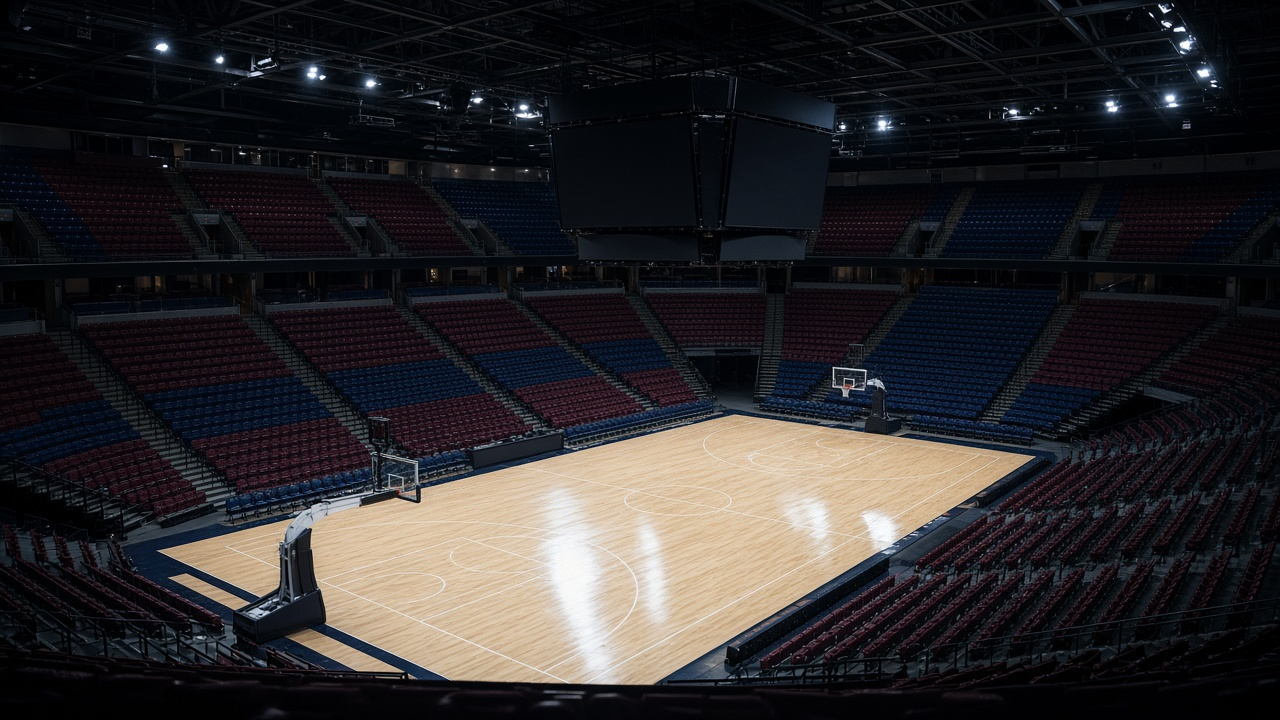 Empty basketball arena at night with a glossy hardwood court and wine-red and navy seats, no people