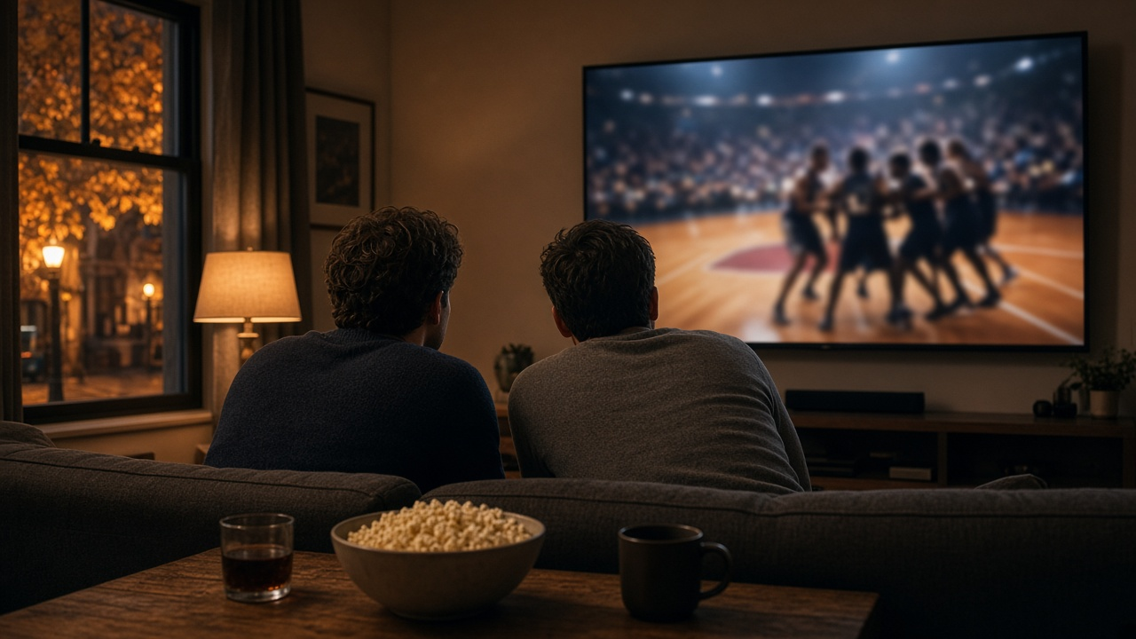 Two friends on a couch in a Boston brownstone living room watching a basketball game on a big wall-mounted TV on an October night