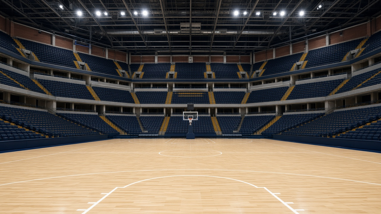 Empty fieldhouse-style basketball arena with navy and gold seats, no people