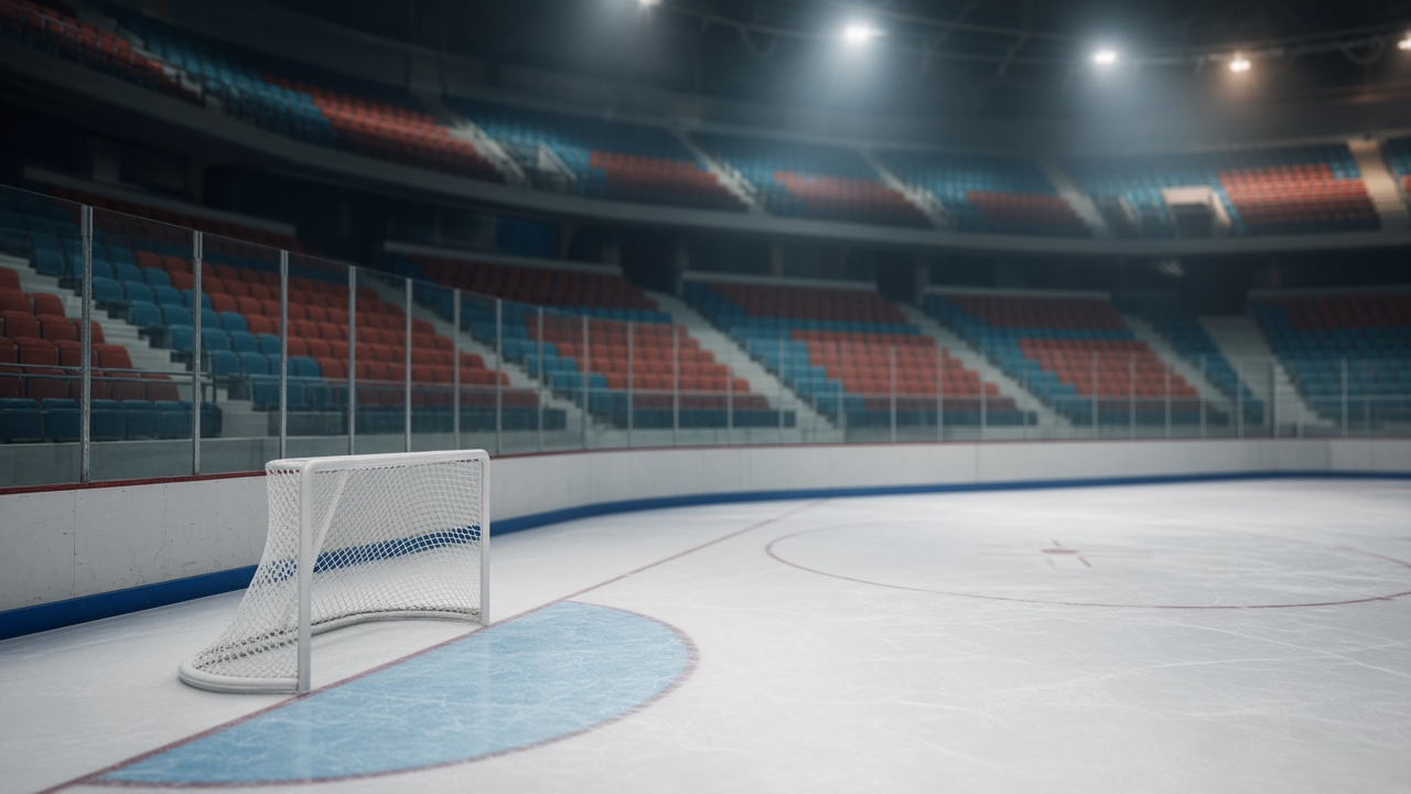 Empty hockey arena ice under bright lights with rows of empty dark seats and a hockey net, photoreal, no people, logos or text