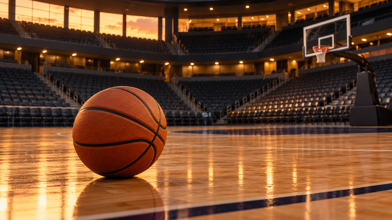 A basketball resting on the hardwood of an empty arena court at dusk, with rows of empty seats softly lit in the background, no people