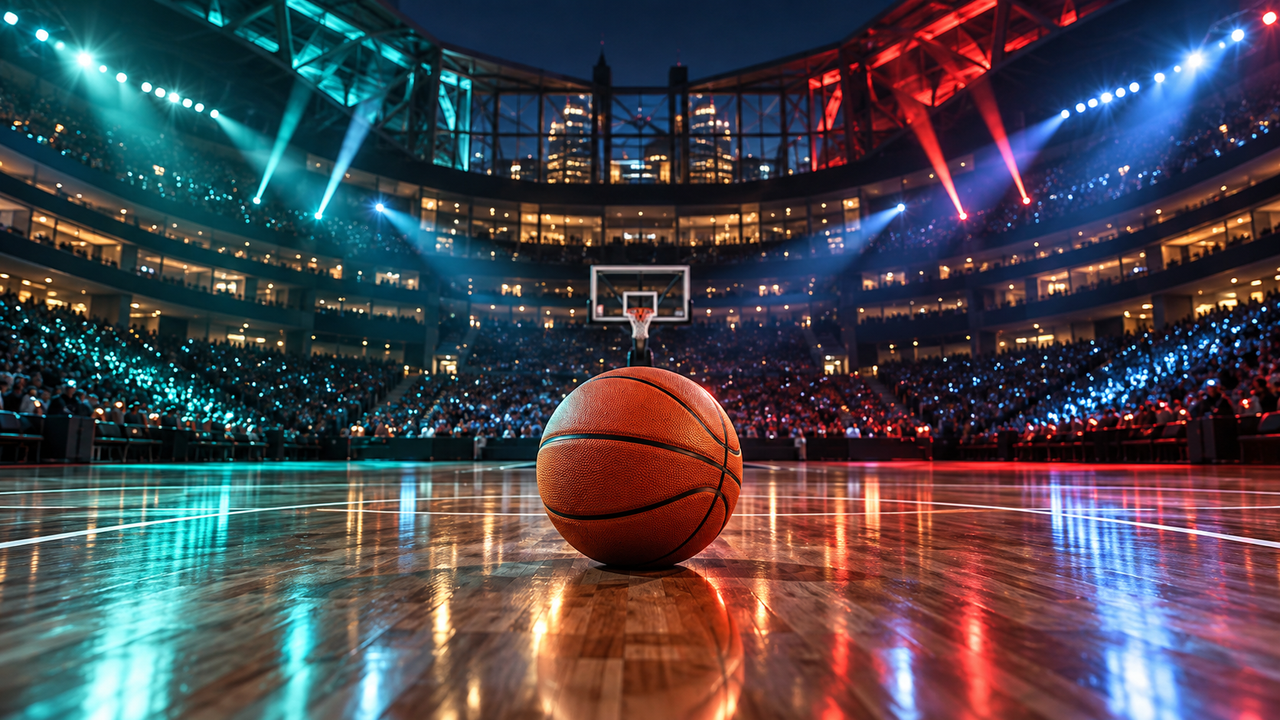 Basketball on a glossy arena court under seafoam blue and red playoff lights