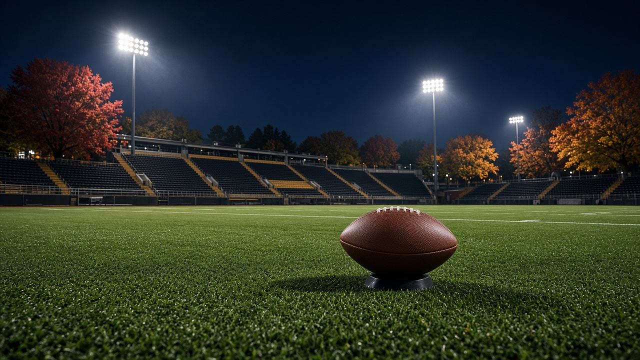 Football on a black kicking tee on green turf in an empty lit stadium at night with black and gold seats and autumn trees, no people