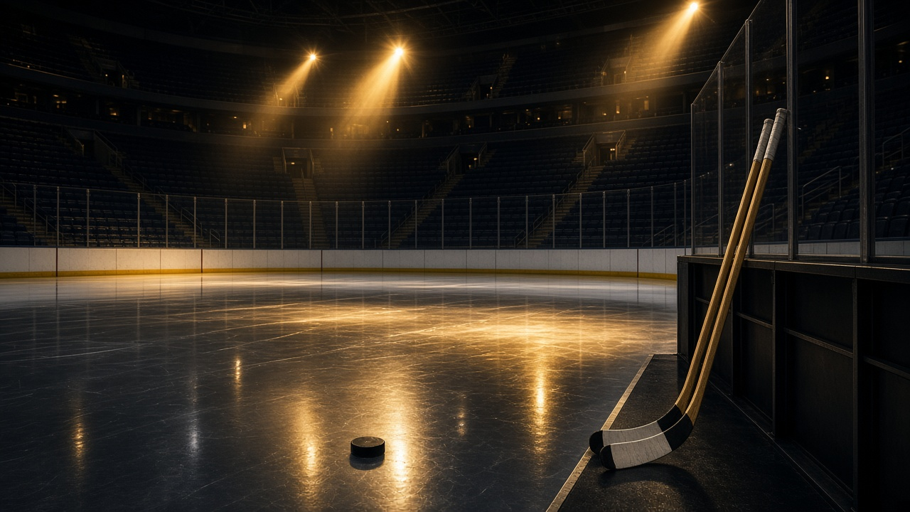Hockey sticks and a puck on a stone wall outside a glowing glass arena at night, with palm trees and a lit city skyline beyond