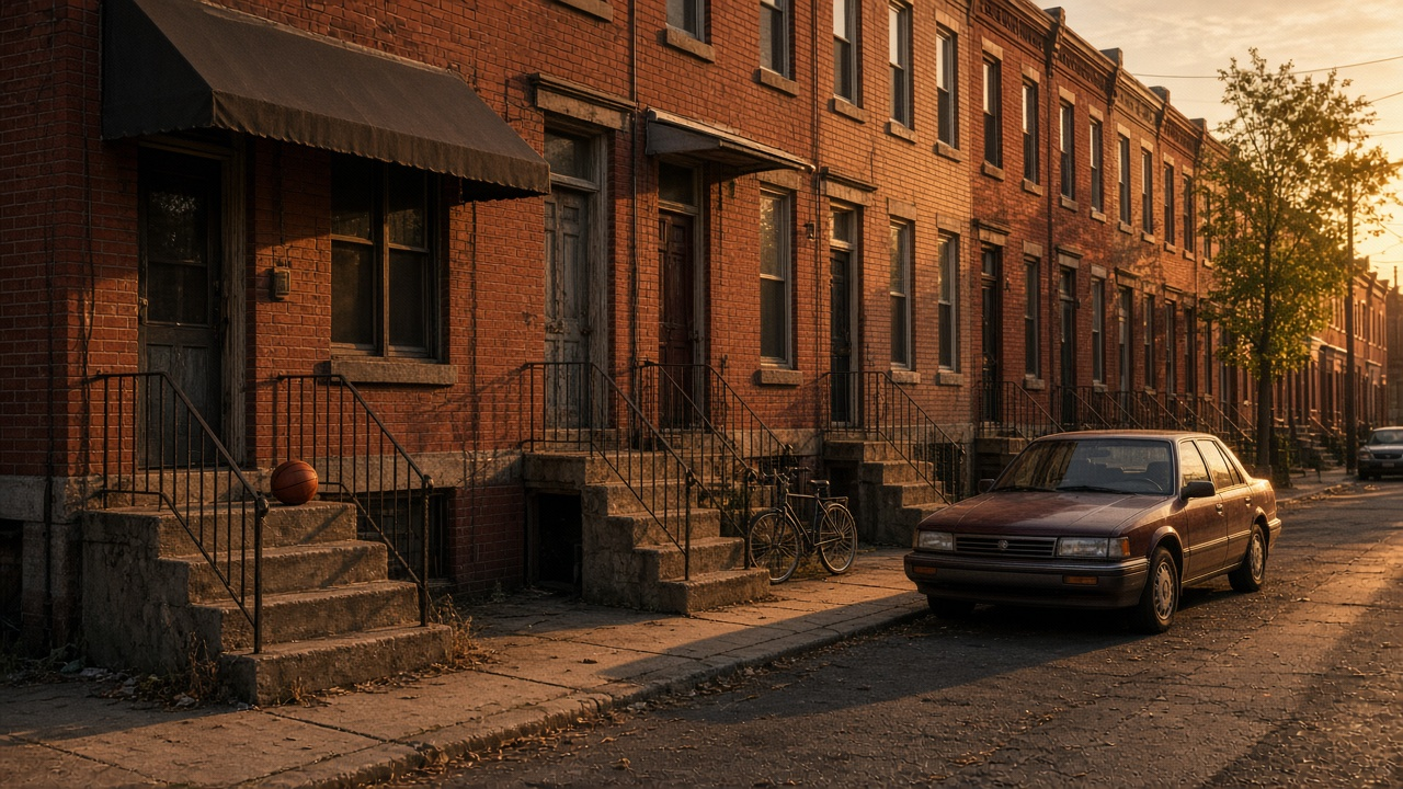 Empty red-brick rowhouse street at golden hour with front stoops, a basketball on a step, a bicycle by a railing and a parked older sedan