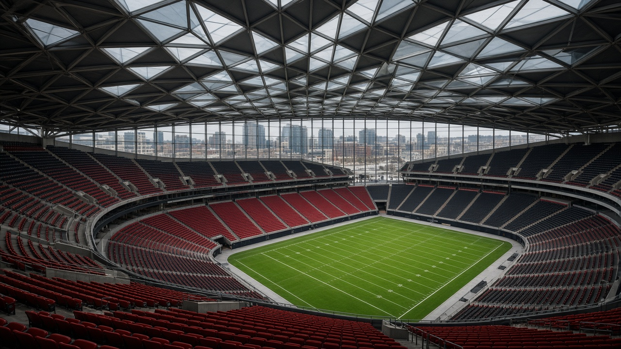 Empty indoor football stadium with an angular glass-paneled roof and a city skyline beyond, no people