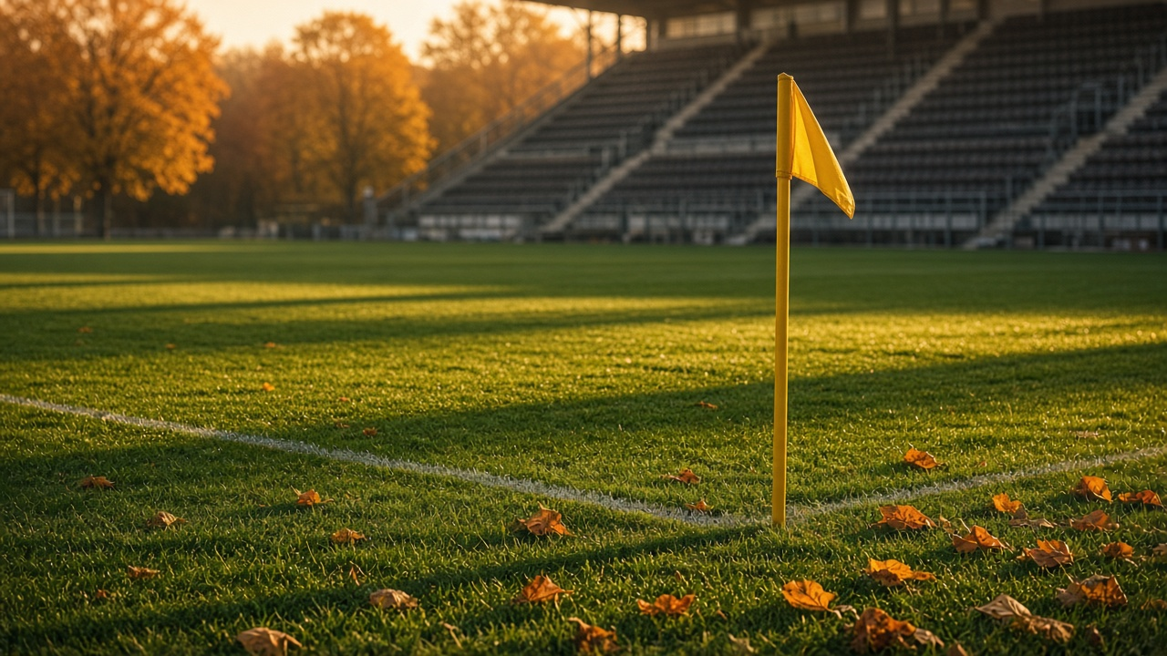 Yellow corner flag on a dewy football pitch in low golden autumn sun with fallen leaves and an empty stand blurred behind, no people, no text, no logos